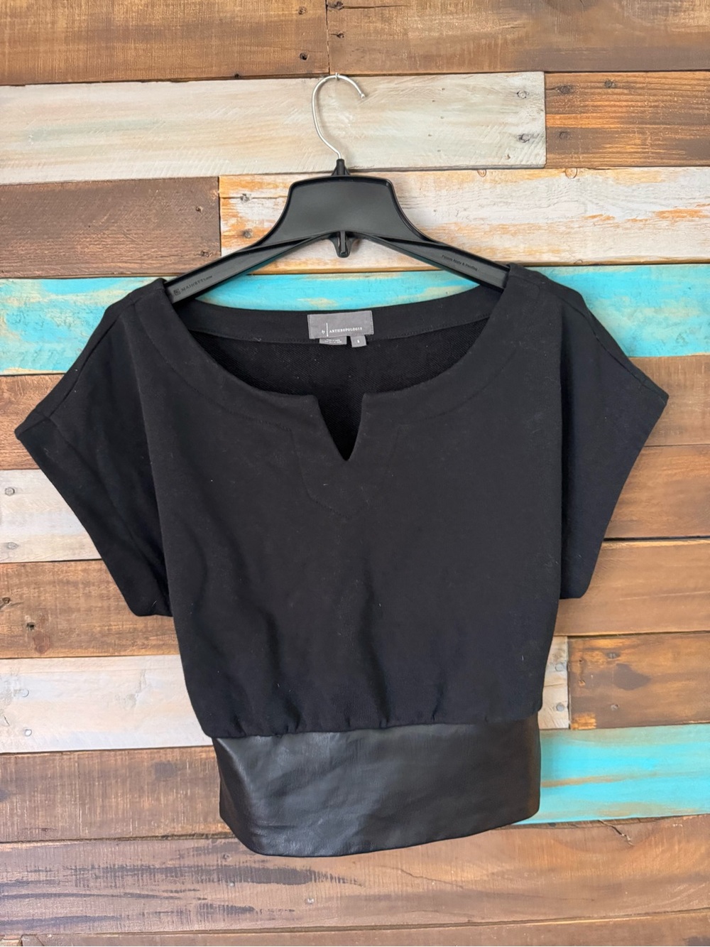 Anthropologie Mixed Media Split Neck Top Black Faux Leather Band Cropped |Size S